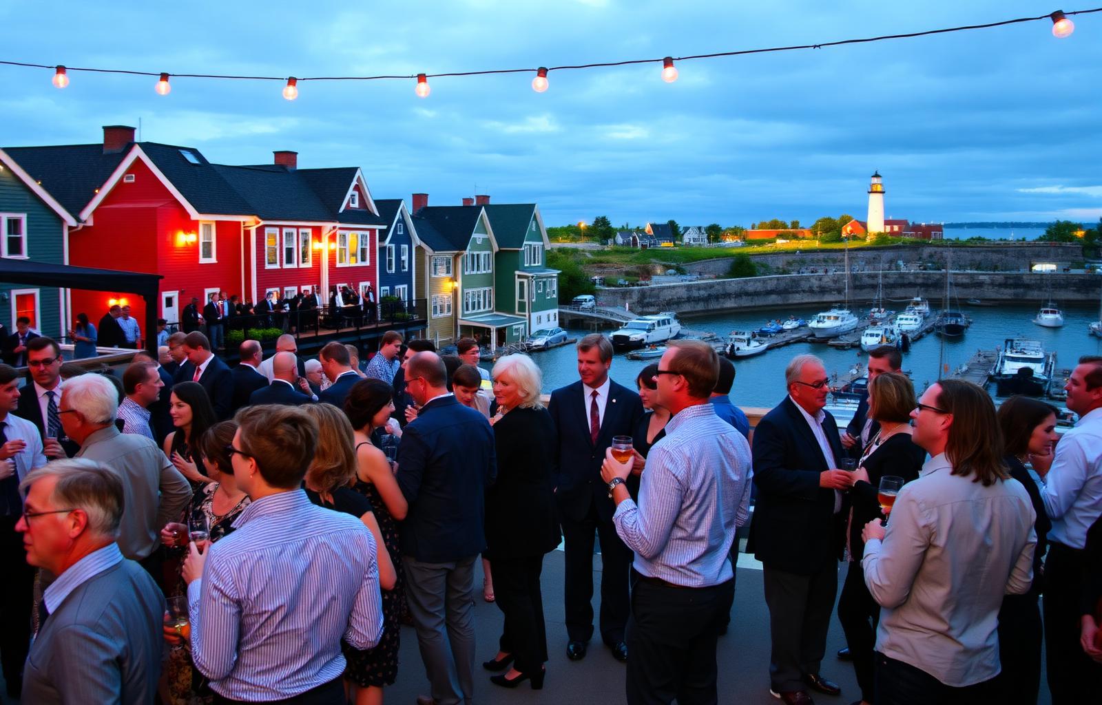Delegates at a harbourside reception in downtown St. John's at dusk